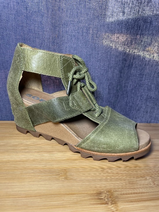 Sorel Joanie II Lace Up Wedge Sandals Green Brown Women\'s Sz 10 Leather Nice!